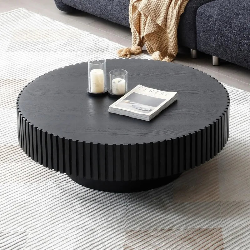 39" Black Round Coffee Table – Modern Fluted Drum Design, Handcrafted Wood for Living Room