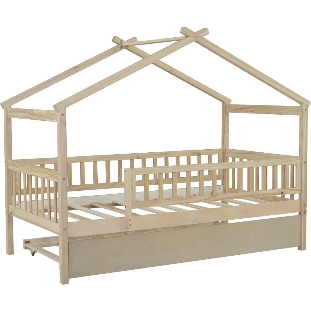 Twin Wooden House Bed with Trundle – Kids Platform Bed with Roof, Fence & Guardrail