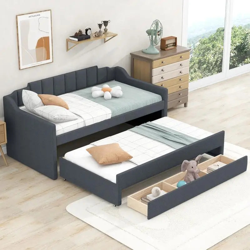 Grey Twin Upholstered Daybed with Trundle & 3 Storage Drawers