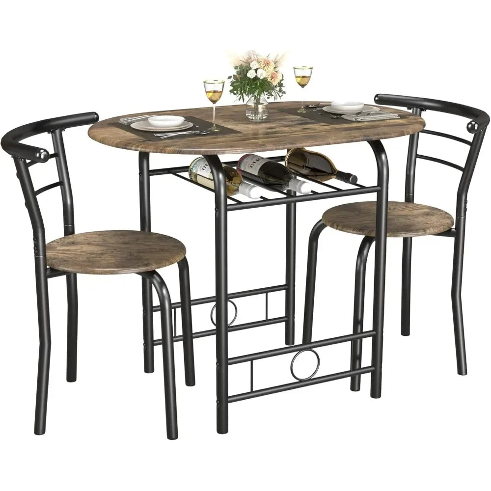 Space-Saving Kitchen Breakfast Nook Set – Round Wood Grain Table & Chairs with Metal Frame