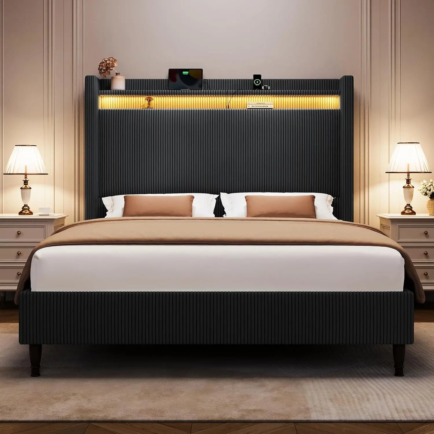 55.3" Corduroy Upholstered Platform Bed – Tall Headboard with LED Lights & USB Charging