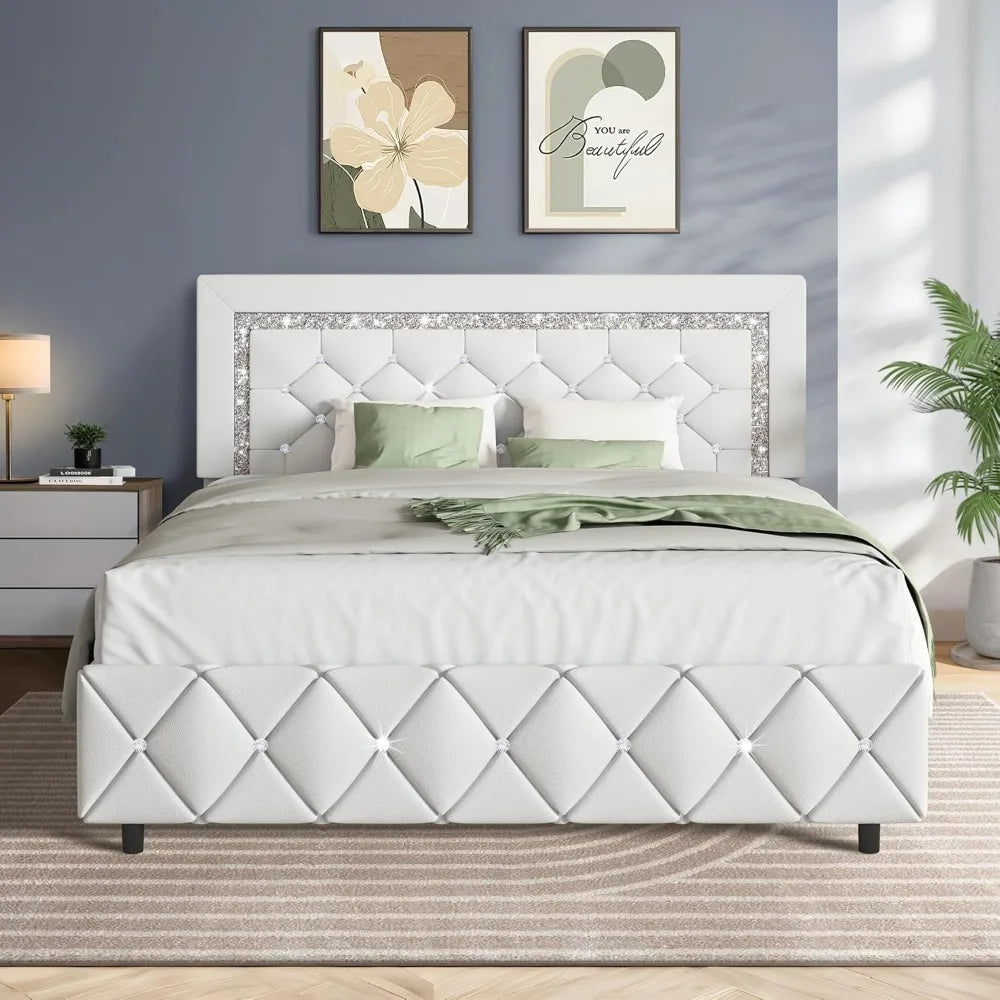 Platform Bed Frame with Upholstered Diamond Headboard & Wooden Slat Support