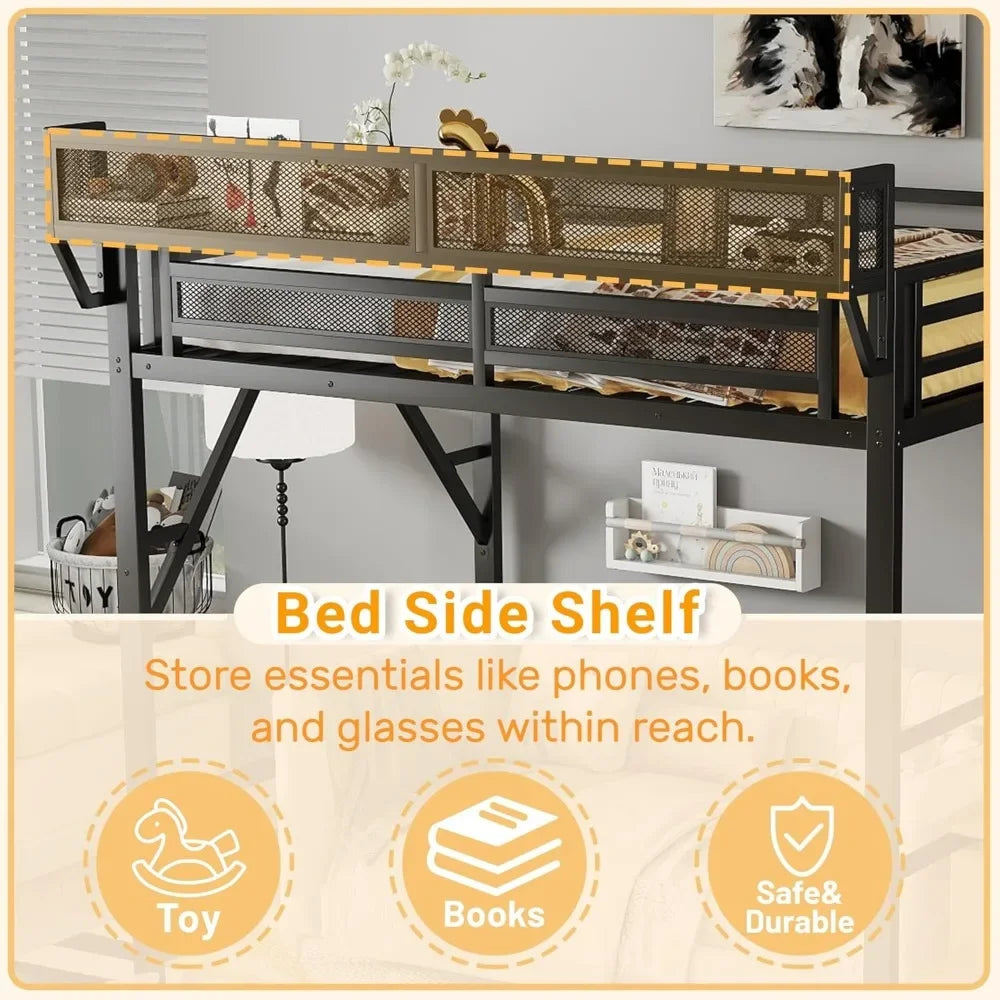 Full Size Loft Bed with Stairs – Built-In Shelf & Under-Bed Storage
