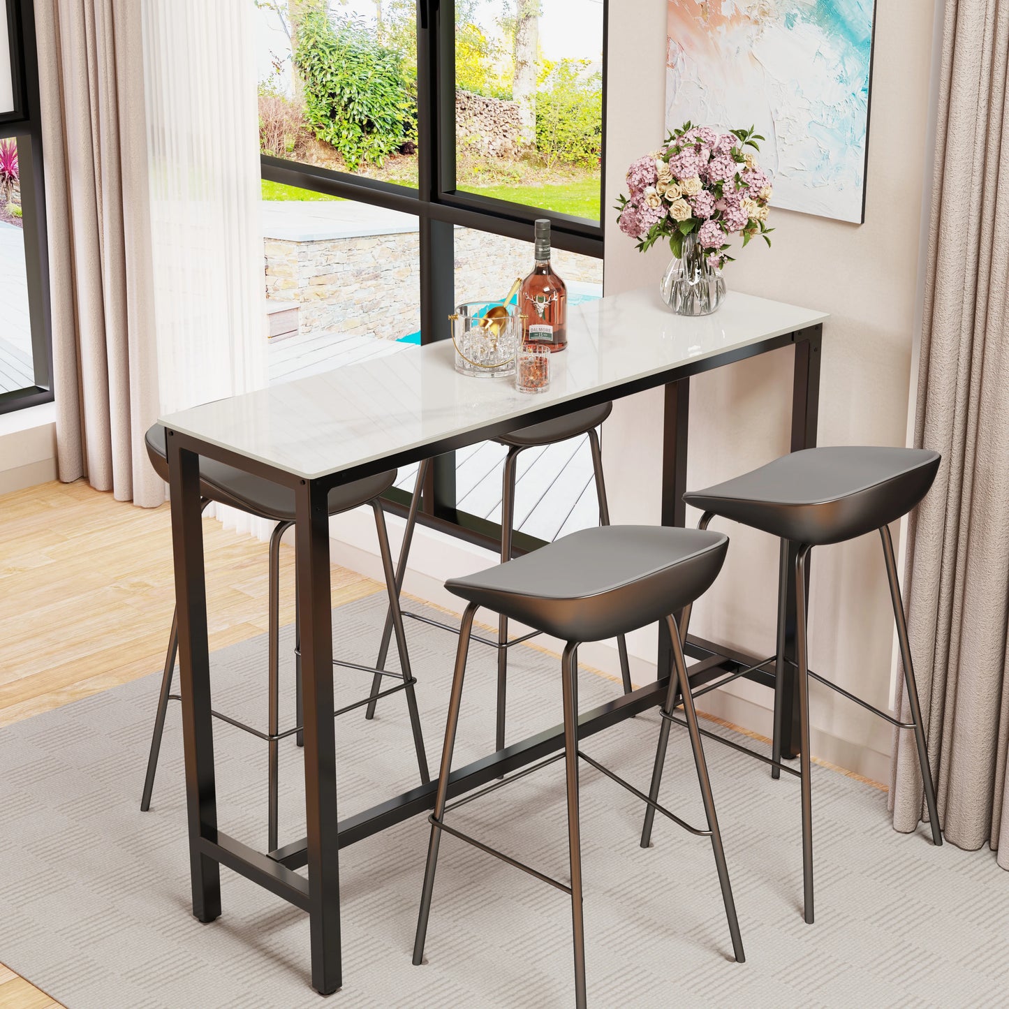 Sintered Stone Bar Table – White Rectangular Counter-Height Dining Table with Black Metal Frame, High Top Pub Table