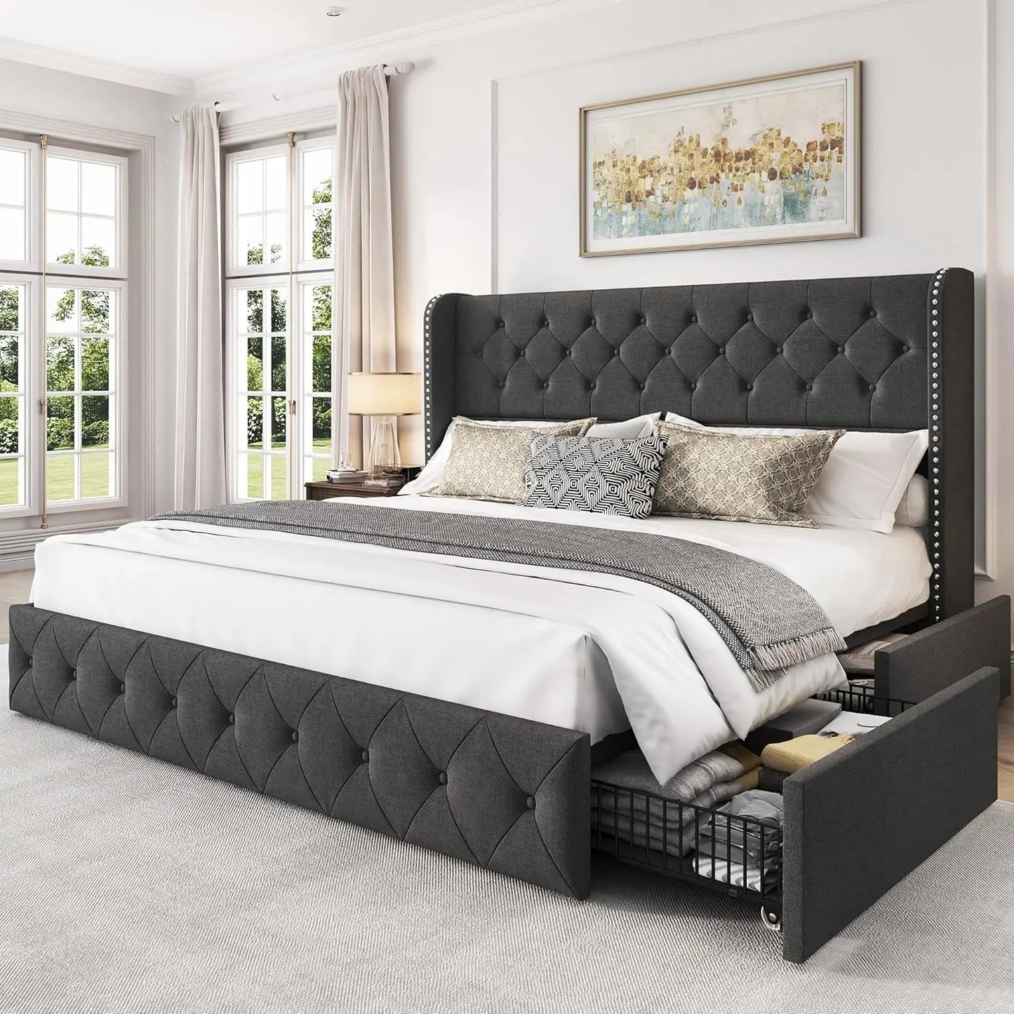 LARMACE King Size Velvet Upholstered Platform Bed – Modern Bed Frame with Headboard