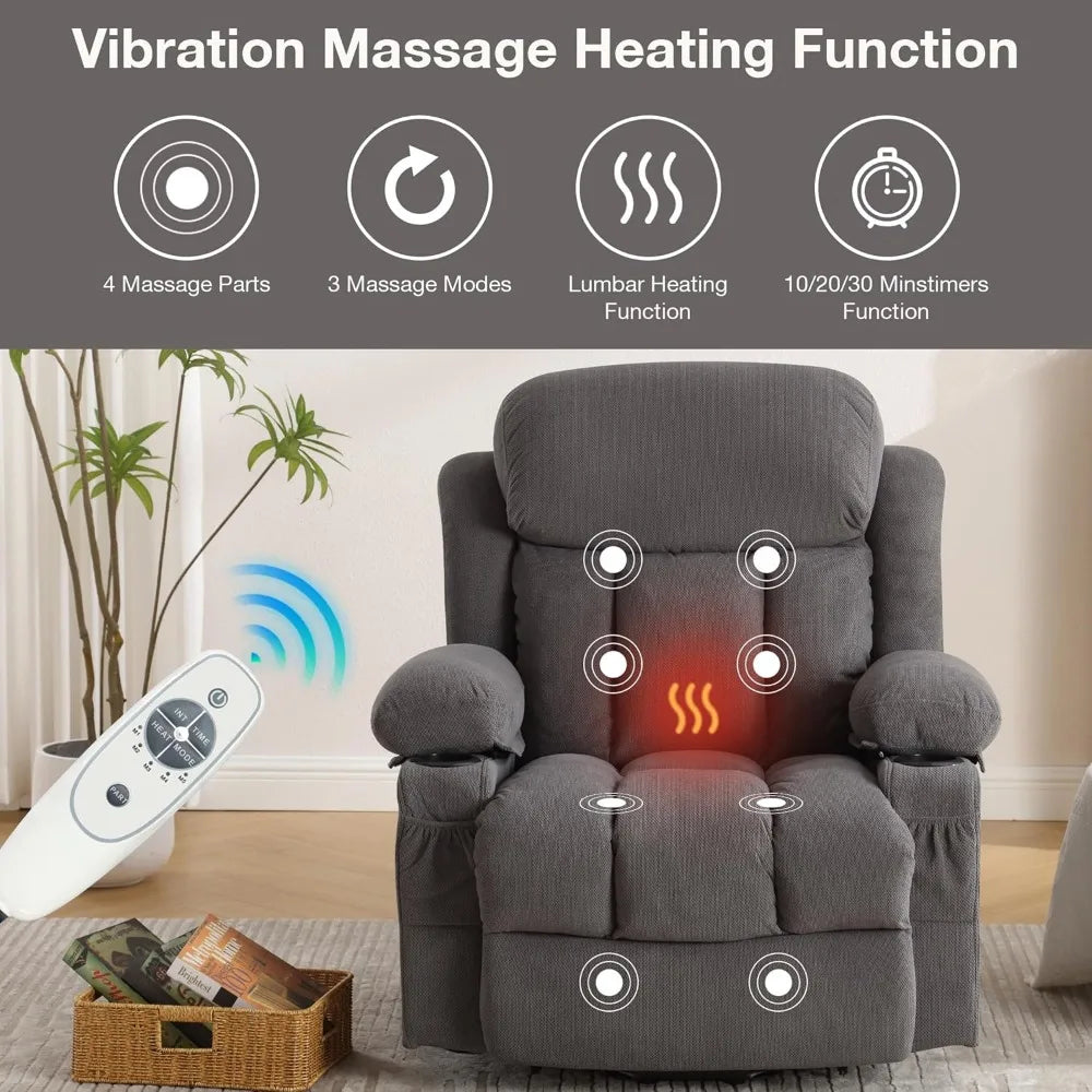 Power Lift Recliner Chair with Heat & Massage – Electric Fabric Recliner for Elderly with USB Port & Side Pocket