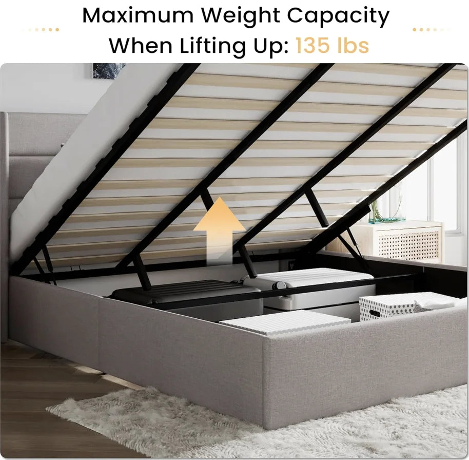 King Upholstered Storage Bed – Lift-Up Platform with Wingback Headboardking storage bed, upholstered lift up bed, wingback headboard bed, modern platform bed, bedroom furniture with storage