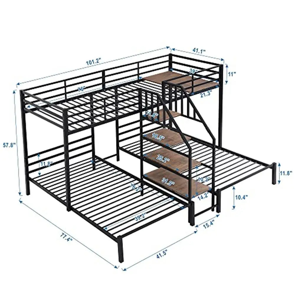 Twin Over Twin Metal Bunk Bed with Staircase & Storage Shelves – Modern Black, No Box Spring Needed