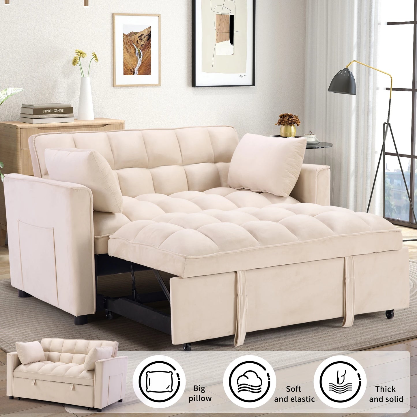 EBELLO 3-in-1 Modern Sofa Bed – Convertible Double Sofa with Pillows