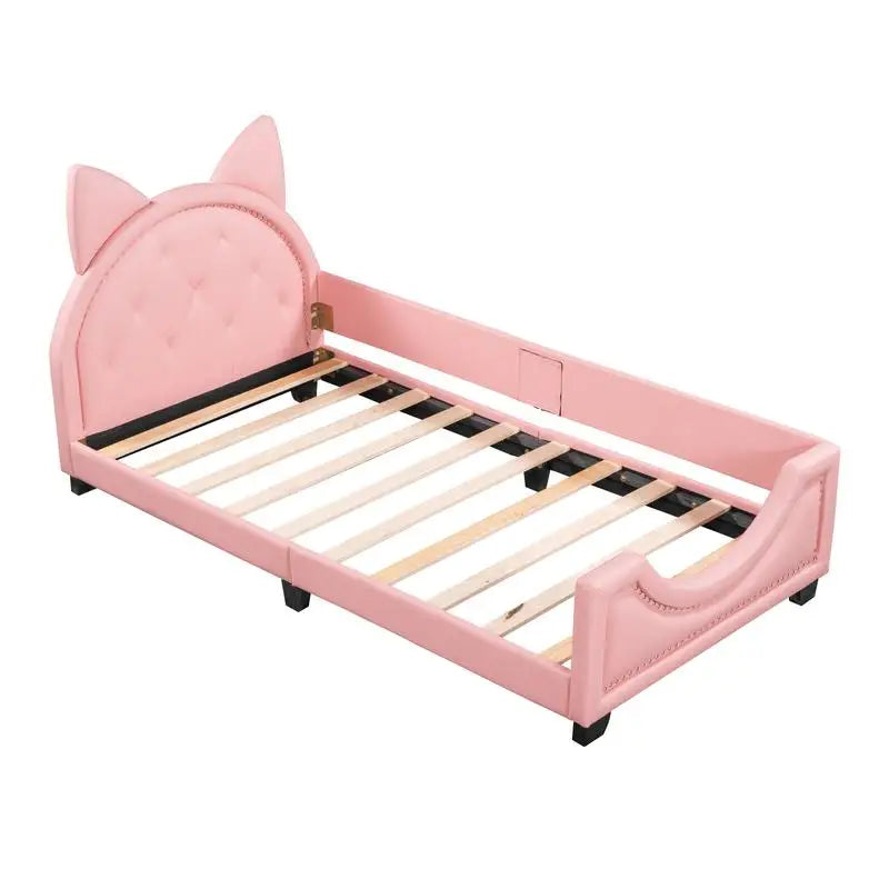 Pink Upholstered Twin Daybed with Ear-Shaped Headboard
