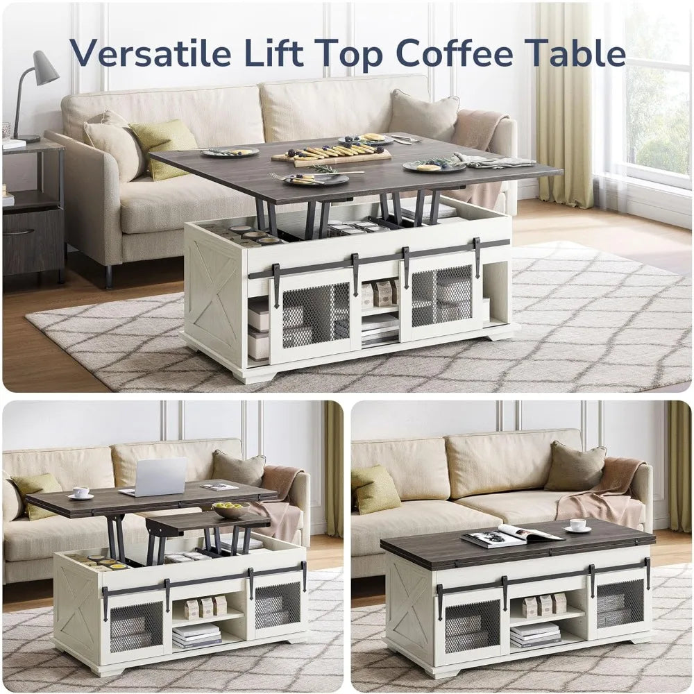 44" Farmhouse Lift Top Coffee Table – Storage with Sliding Barn Doors, 3-in-1 Multi-Function