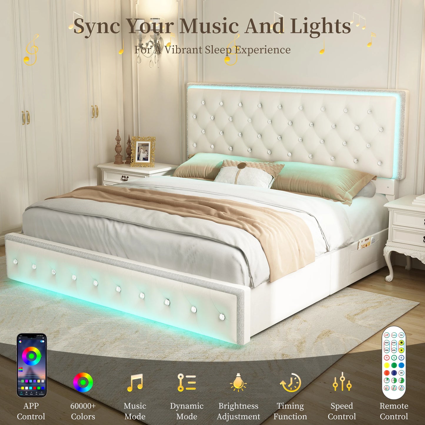 Queen PU Upholstered Bed Frame – LED Lights, Storage Drawers & Crystal Tufted Headboard