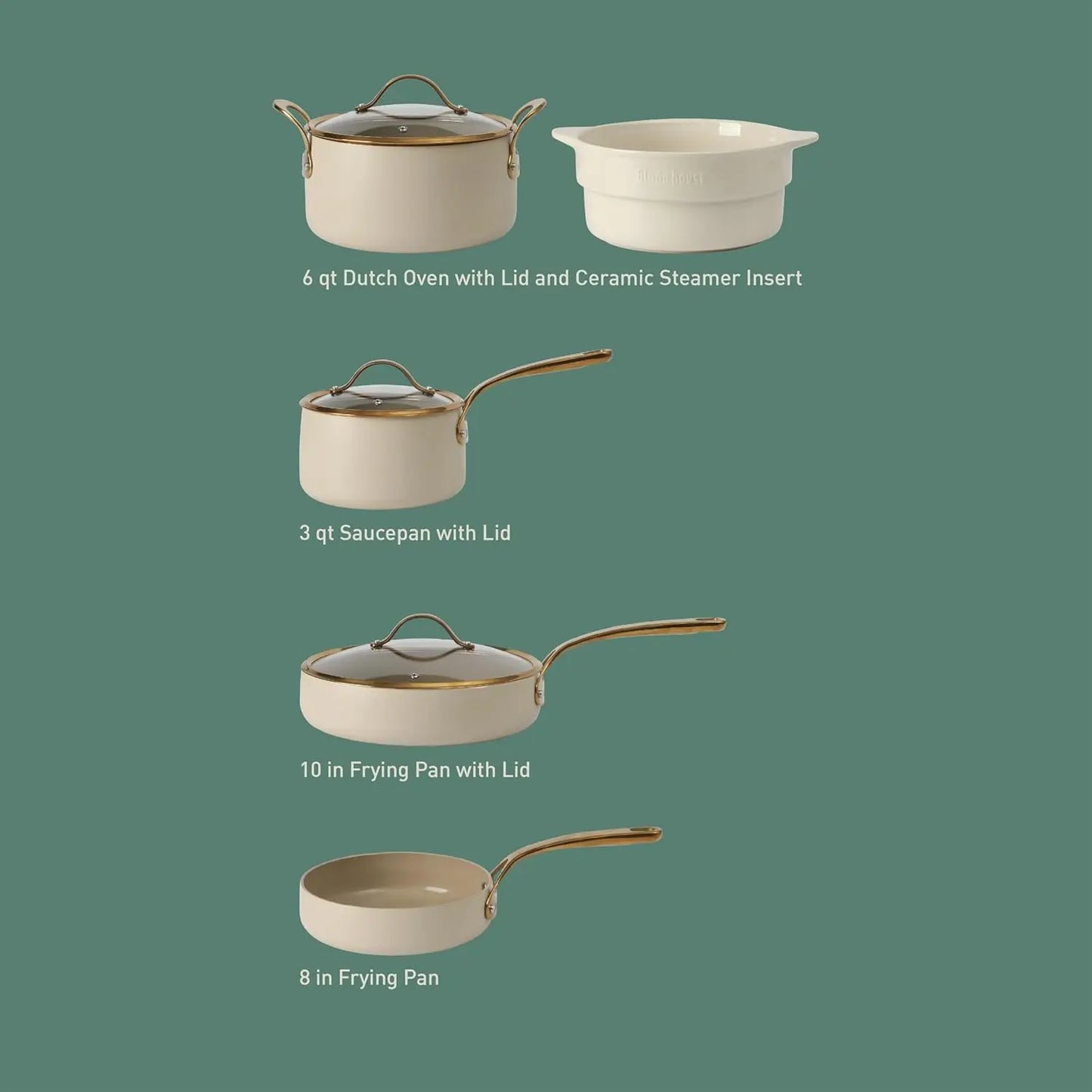 8-Piece Premium Ceramic Nonstick Cookware Set – Almond Cream & Gold Finish