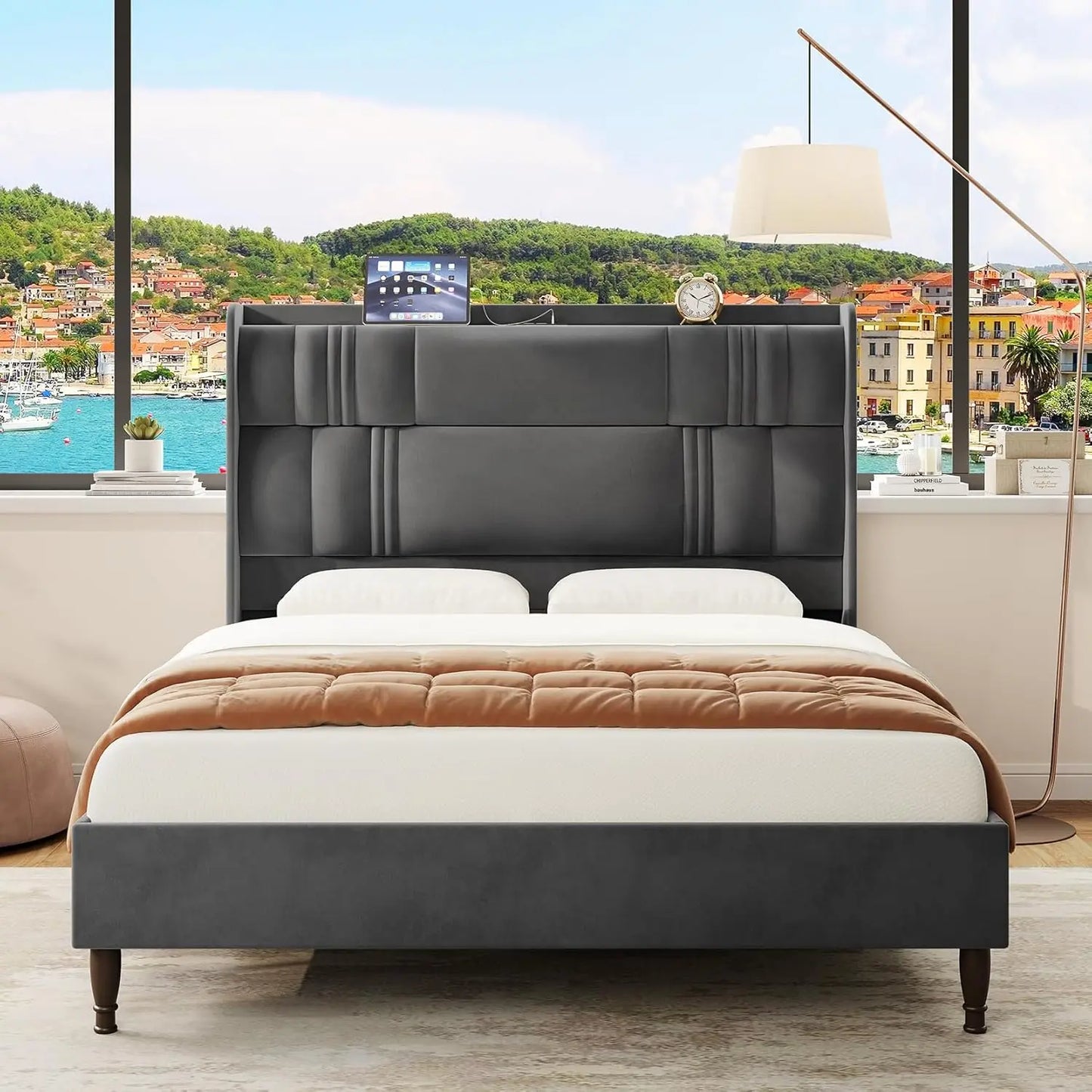 55.3" Corduroy Upholstered Platform Bed – Tall Headboard with LED Lights & USB Charging