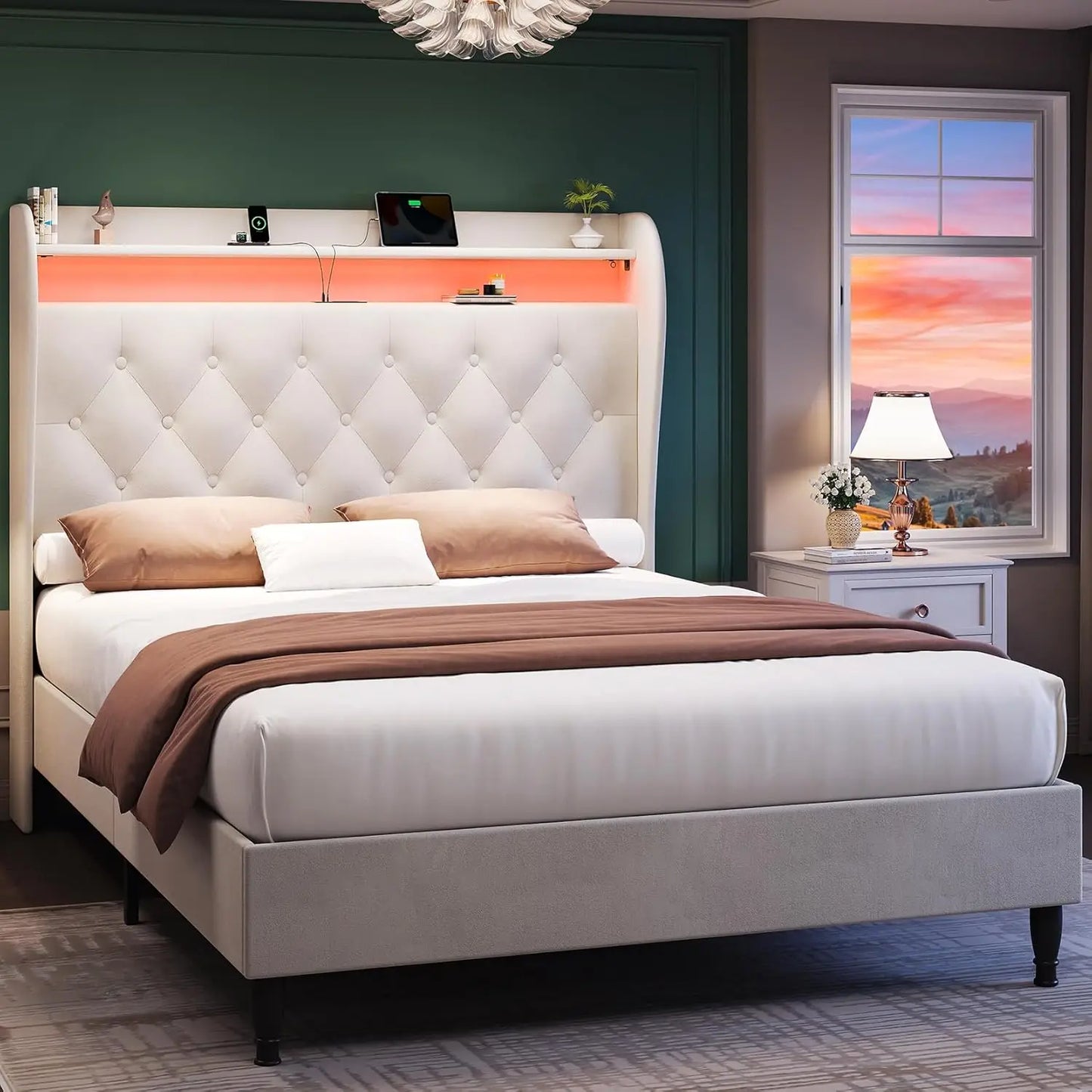 55.3" Corduroy Upholstered Platform Bed – Tall Headboard with LED Lights & USB Charging