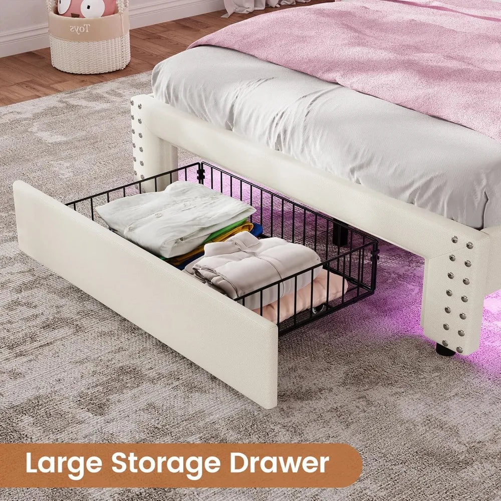 White Twin Upholstered Platform Bed Frame with LED Storage Headboard
