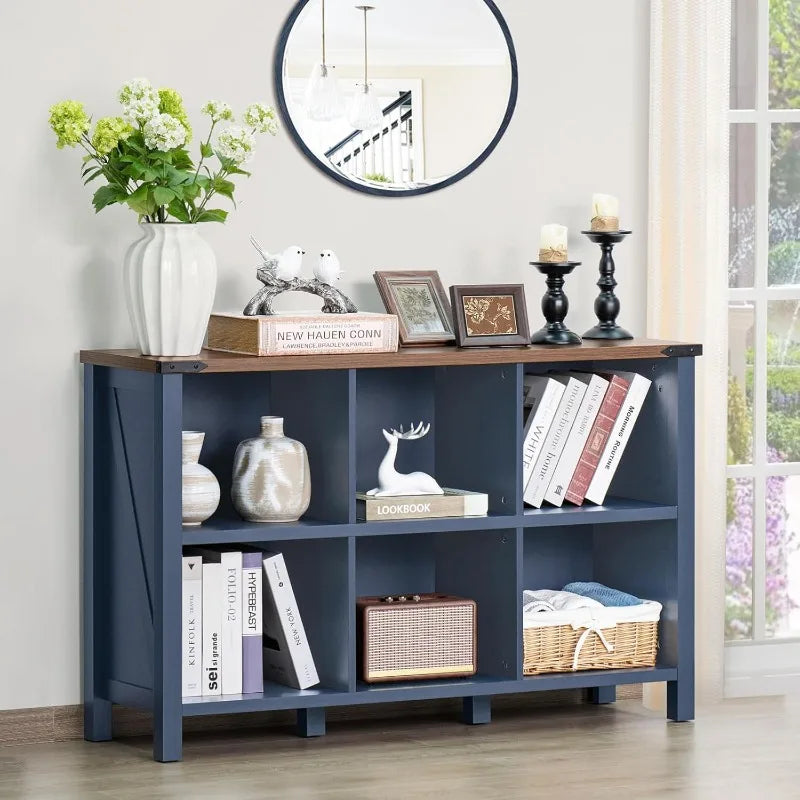 6-Cube Farmhouse Wood Bookcase – Low Storage Organizer, 47" Horizontal Console Bookshelf with Legs, Navy Blue