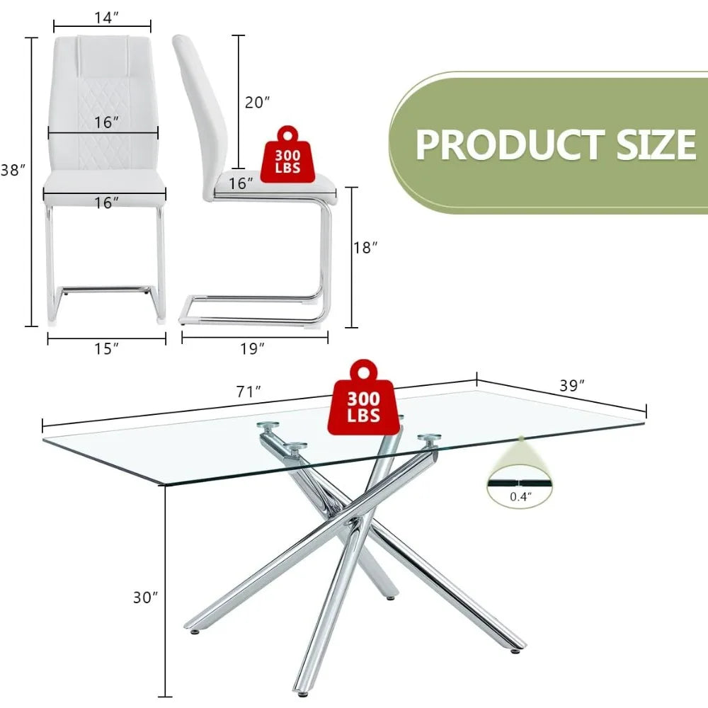 Glass Dining Table Set for 8 – 71" Rectangular Silver Kitchen Table with PU Leather Dining Chairs