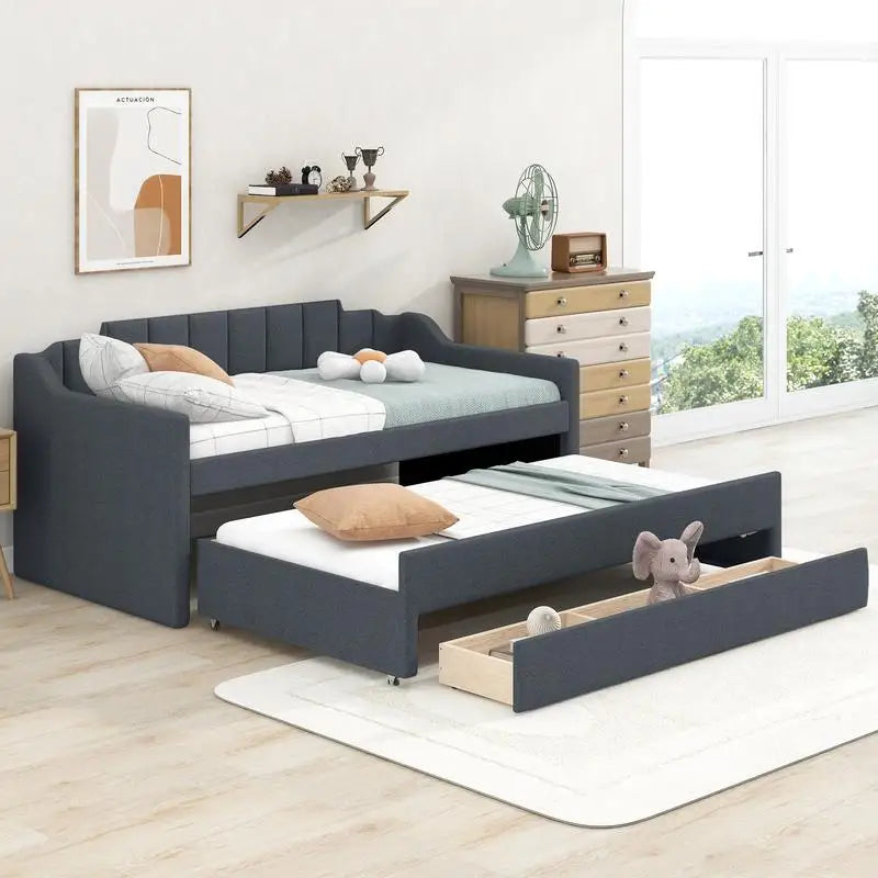 Grey Twin Upholstered Daybed with Trundle & 3 Storage Drawers