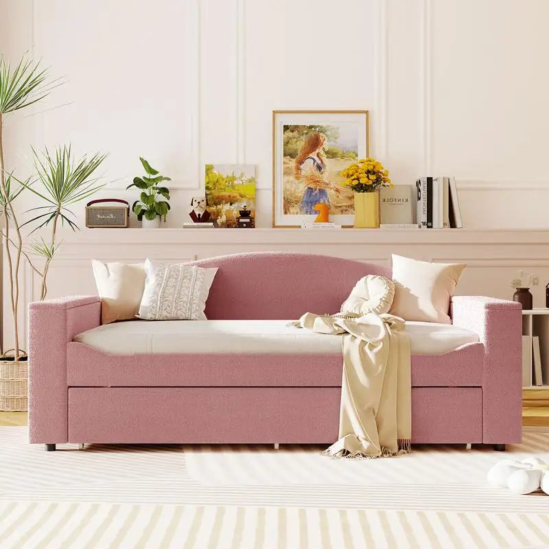 Pink Twin Upholstered Daybed with Trundle, Storage Armrests & Bluetooth Audio, Teddy Fleece