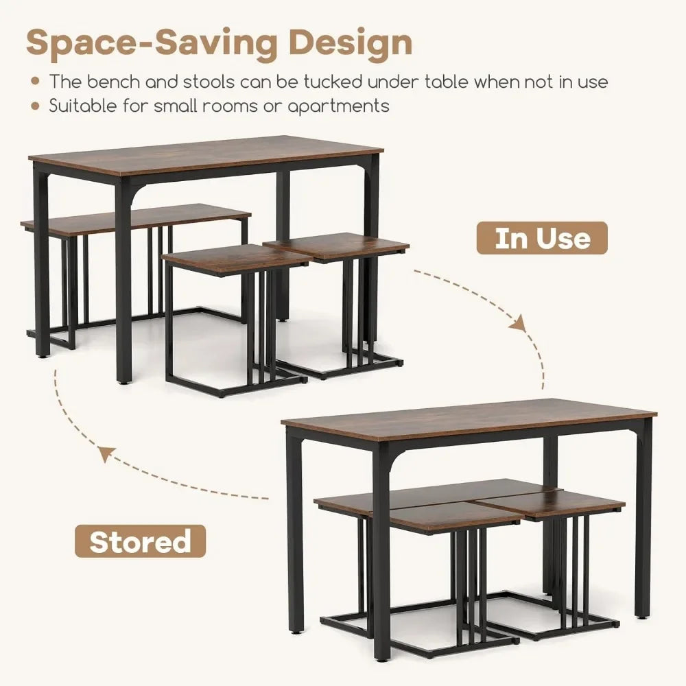 Dining Table Set for 4 – Rectangular Wood Table with Bench & 2 Stools, Industrial Space-Saving Kitchen Dinette