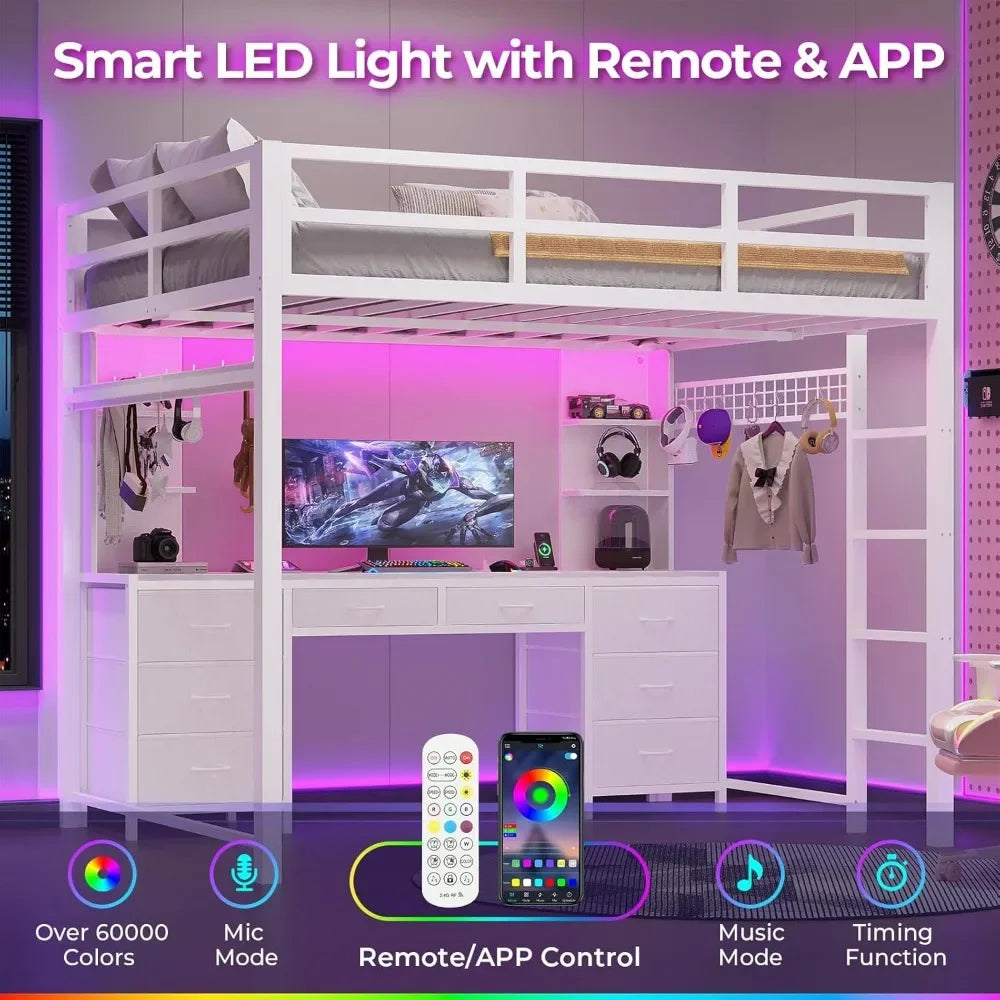 Full Size Loft Bed with Desk, 8 Drawers, Shelves, LED Lights & Charging Station