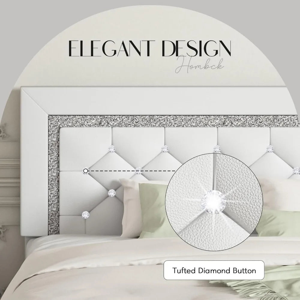 Platform Bed Frame with Upholstered Diamond Headboard & Wooden Slat Support