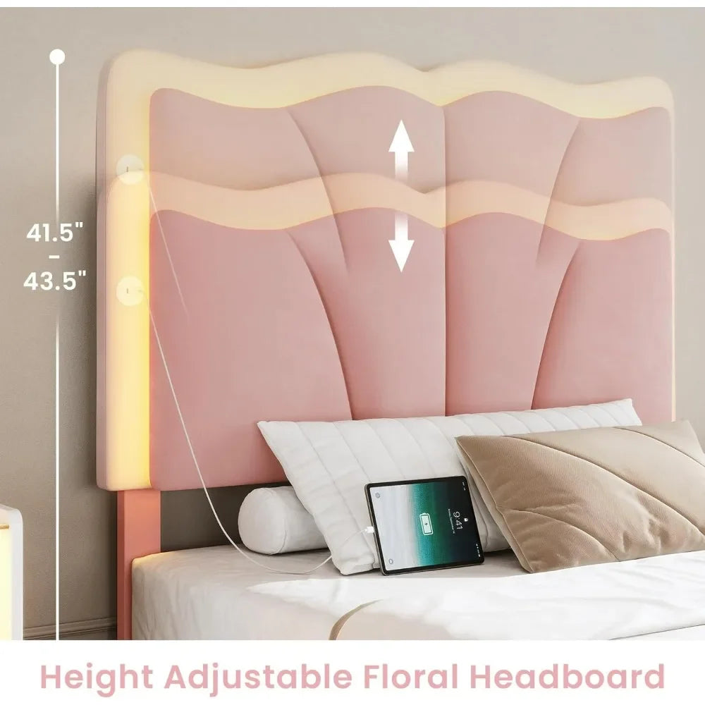 Twin Velvet Upholstered Platform Bed Frame with LED Headboard, 4 Storage Drawers & Adjustable Height