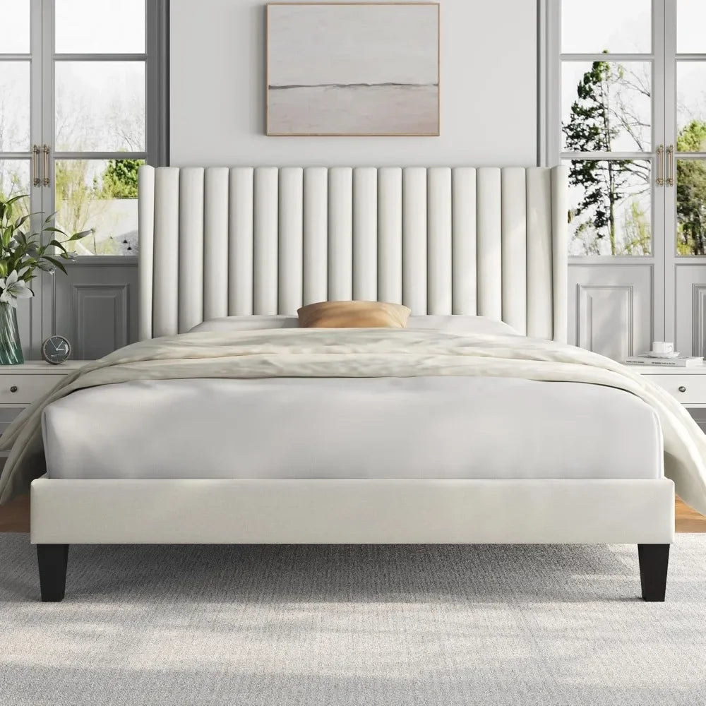 Upholstered Platform Bed Frame – Fabric Headboard with Wing Edge & Wooden Slat Support