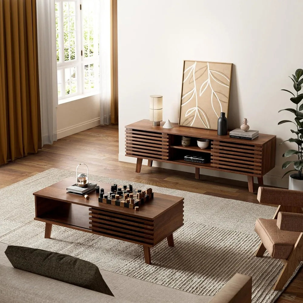 Mid-Century Modern Coffee Table – Walnut Finish with Storage & Sliding Fence Door