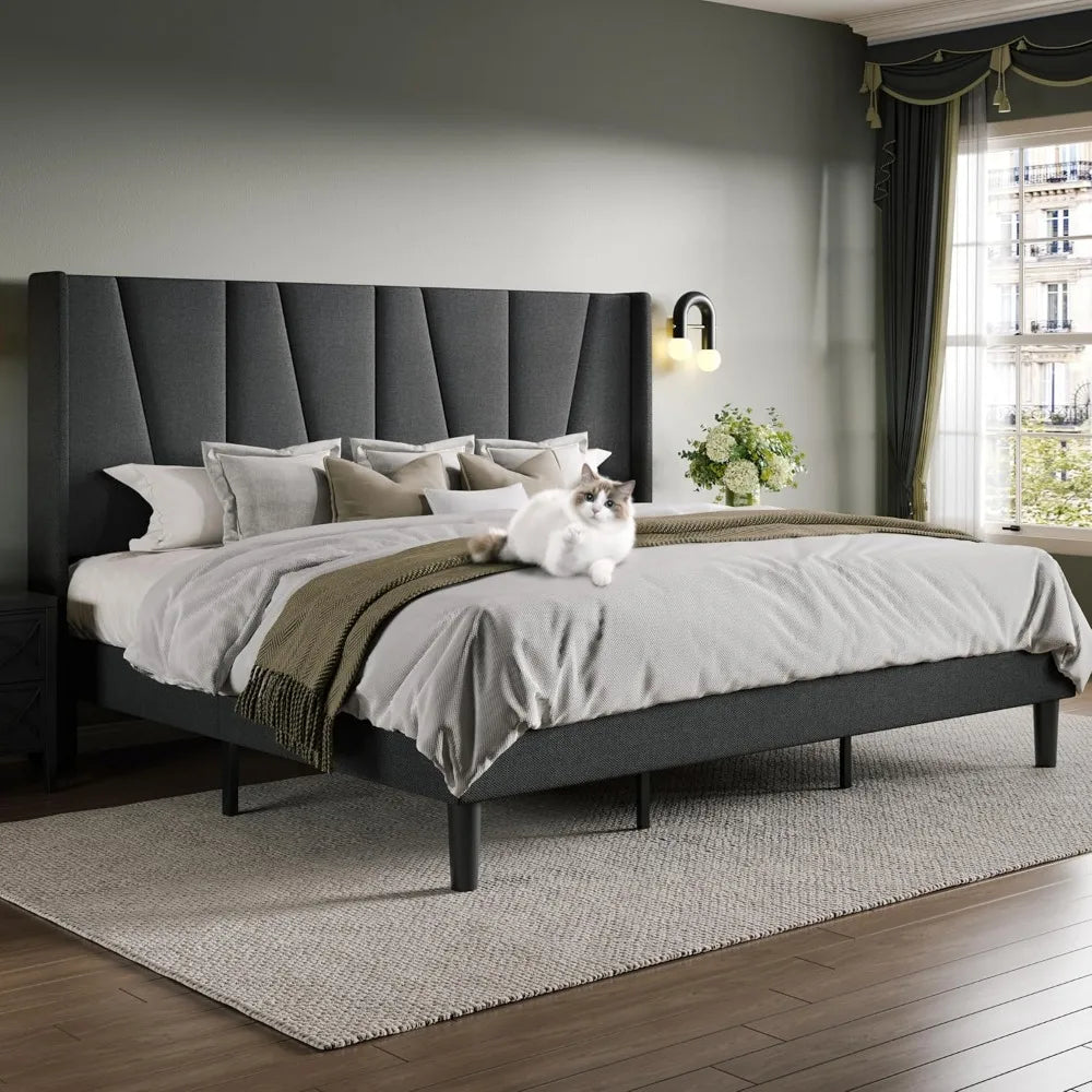 King Size Platform Bed with Geometric Wingback Headboard – Modern Upholstered Frame with Wood Slats
