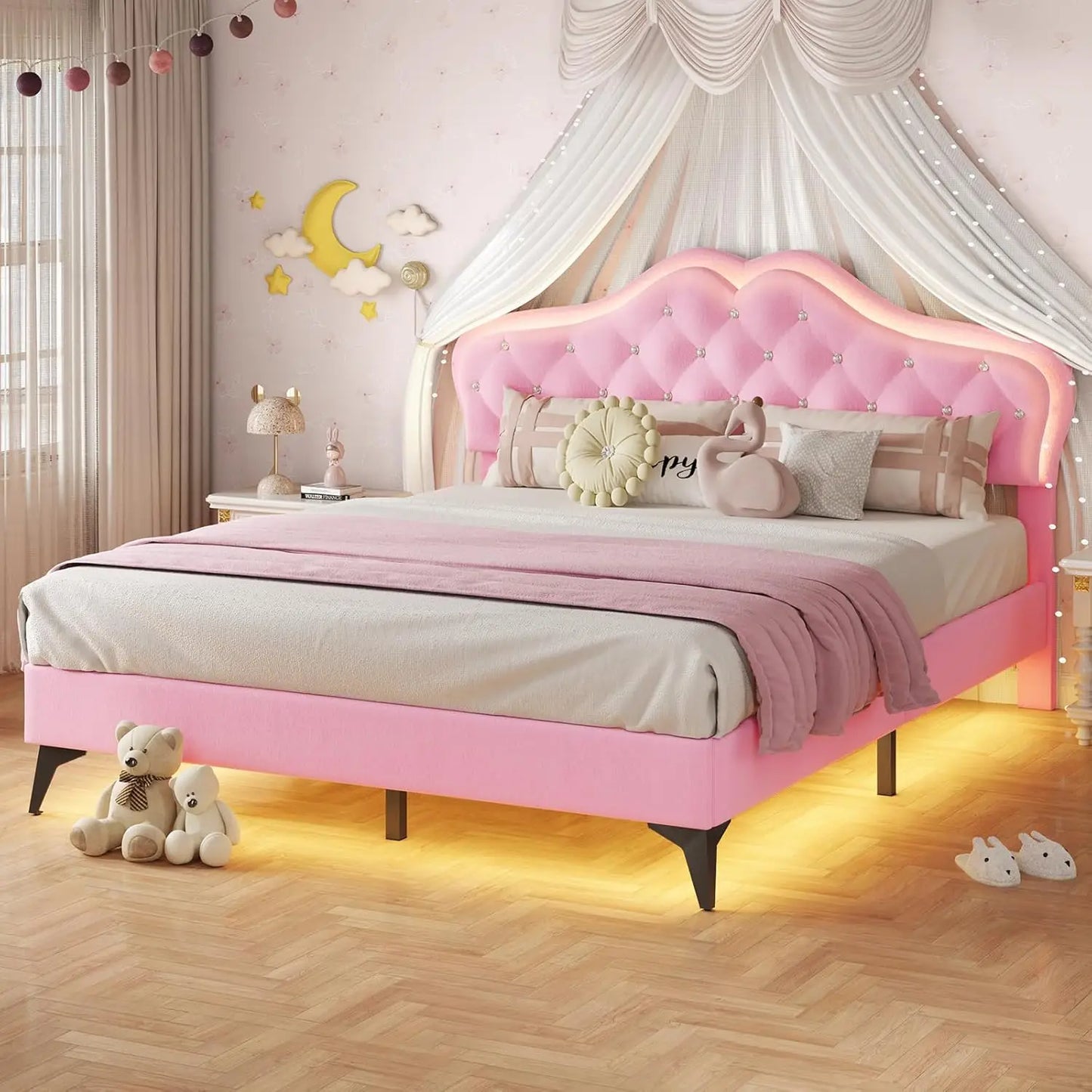Full Size Princess Bed Frame – Upholstered Platform with LED Lights & Adjustable Crystal Headboard
