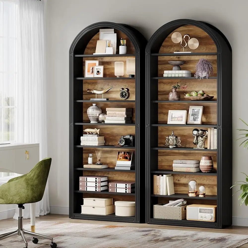 Tall Arched 8-Tier Bookshelf – Modern Wooden Floor-Standing Bookcase with Storage Shelves