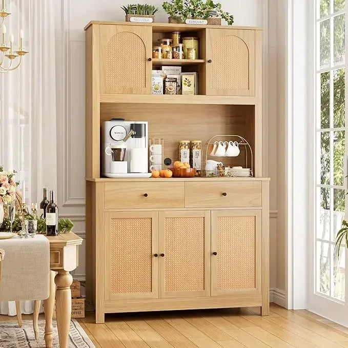 71" Tall Kitchen Hutch Cabinet – Storage Cabinet with Rattan Doors, Microwave Stand & Charging Hole
