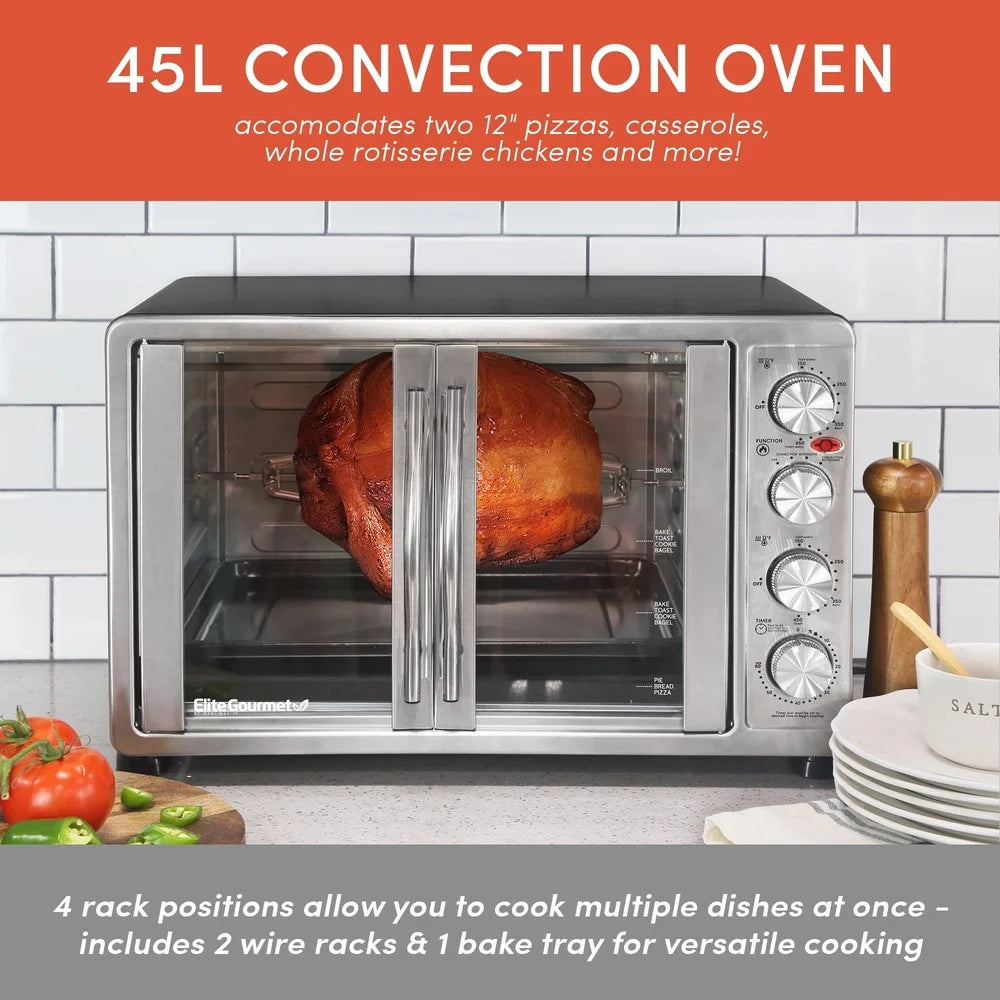 Stainless Steel Double Door Countertop Microwave Oven – Convection, Rotisserie & Dual Cooking with Timer & Racks