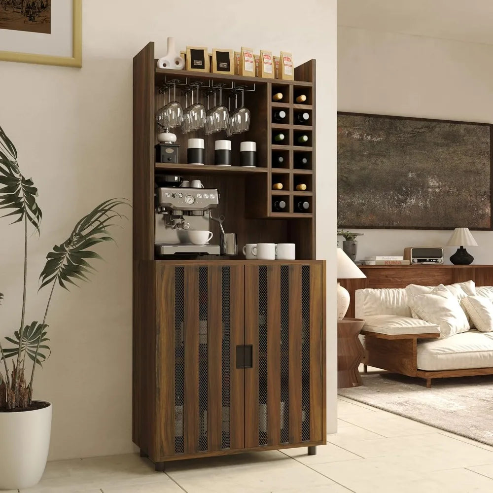 Wine Bar Cabinet – 12-Bottle Wine Rack with Glass Storage for Kitchen & Dining Room