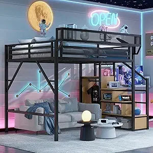 Queen Size Metal Loft Bed with Stairs & Storage, Bedside Shelf, Heavy-Duty Frame