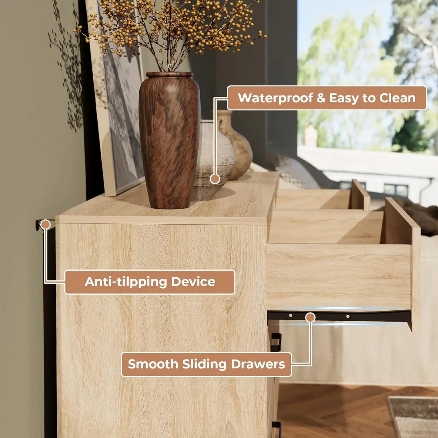 Wood Dresser for Bedroom 6 Drawer Dresser with Metal Handles Mid Century Modern Dresser Double Chest of Drawer Light Oak