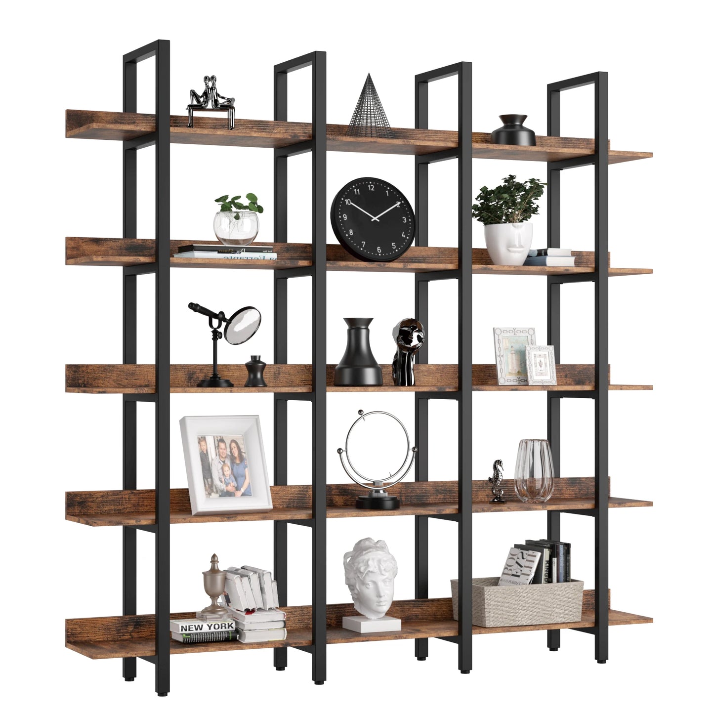 IRONCK Triple Wide 5-Tier Bookcase, Large Open Shelves with Back Fence, Brown
