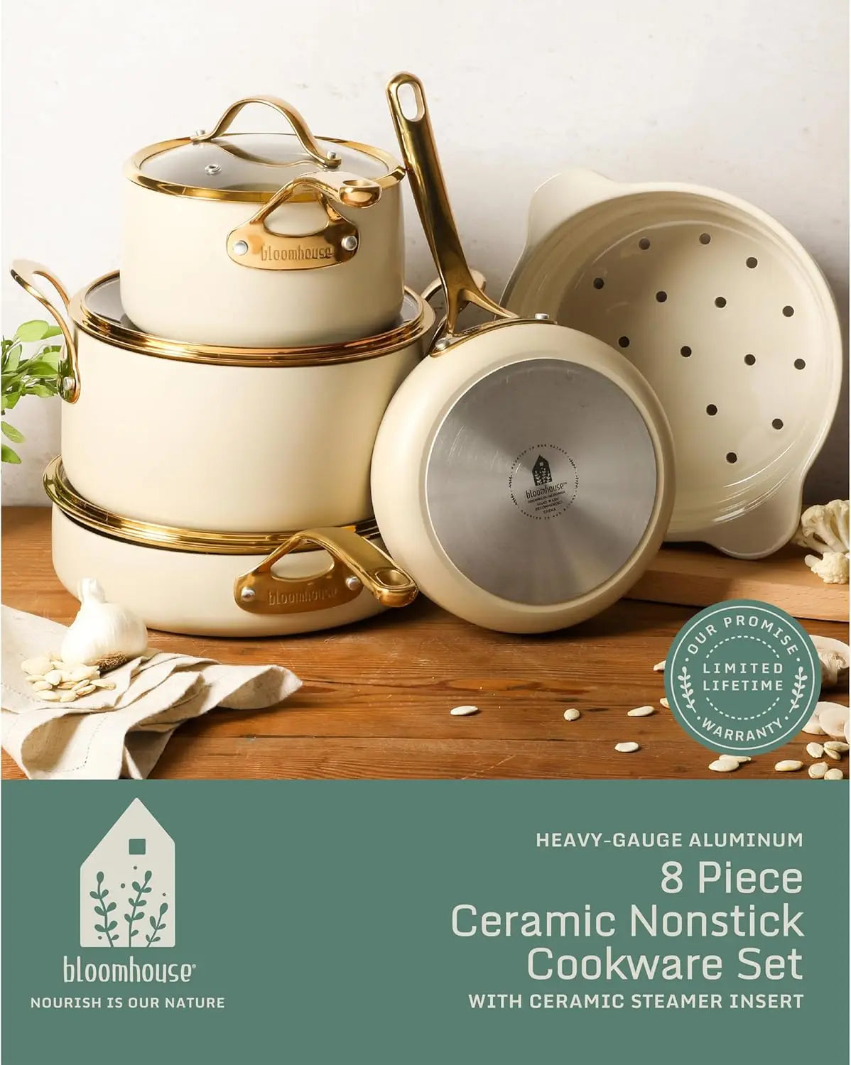 8-Piece Premium Ceramic Nonstick Cookware Set – Almond Cream & Gold Finish