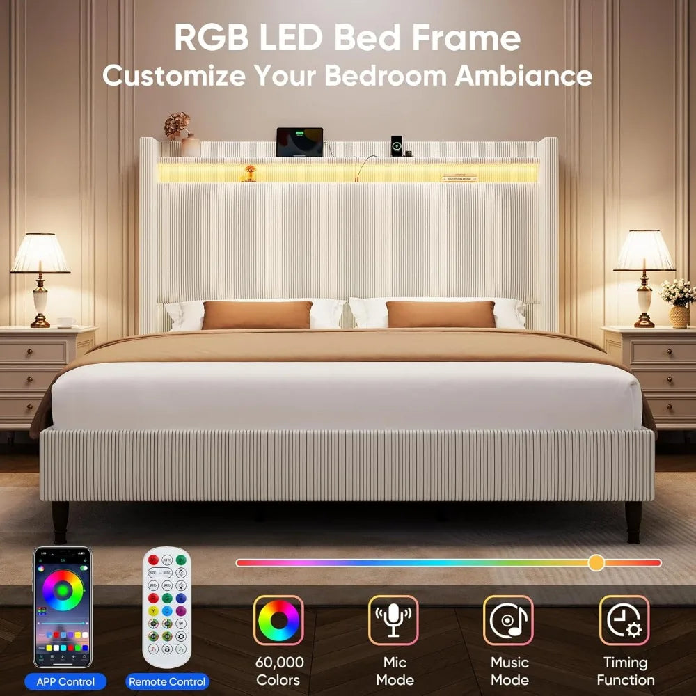 55.3" Corduroy Upholstered Platform Bed – Tall Headboard with LED Lights & USB Charging