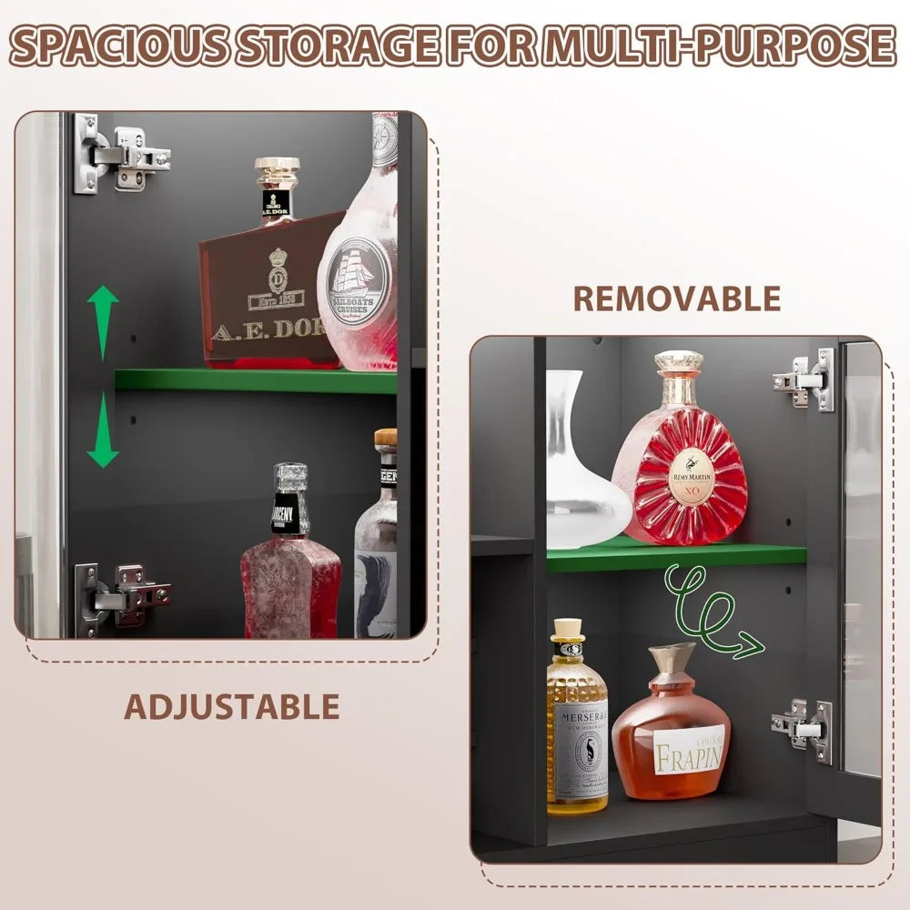 Wine Bar with Power Outlet – Black Liquor Cabinet with LED Lights, Coffee Bar & Built-In Wine Rack