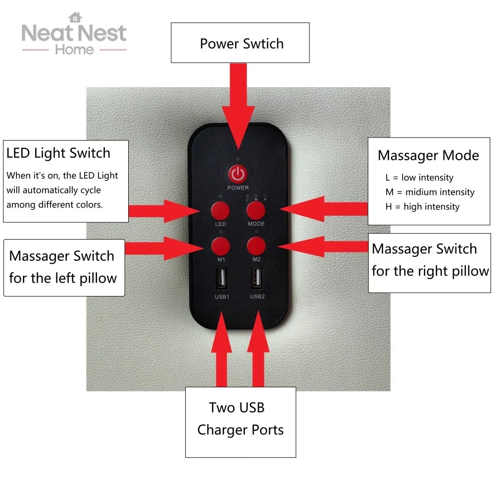 Queen Size Faux Leather Upholstered Platform Bed, LED Lighting, Bluetooth Music & Smart Massage