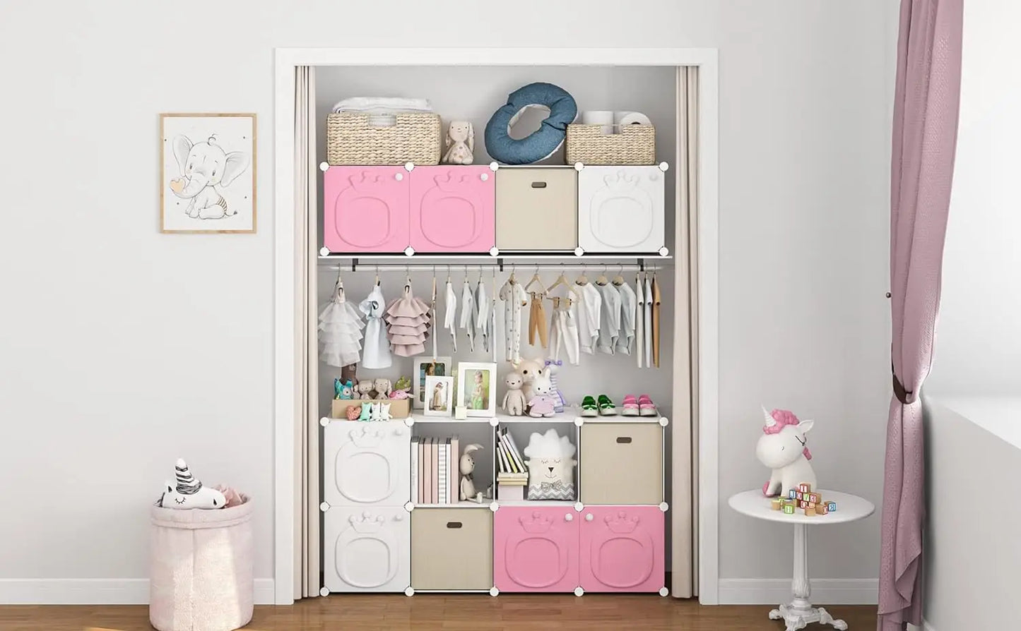 MAGINELS Kids Closet & Wardrobe – Pink 8-Cube Baby Dresser with Doors