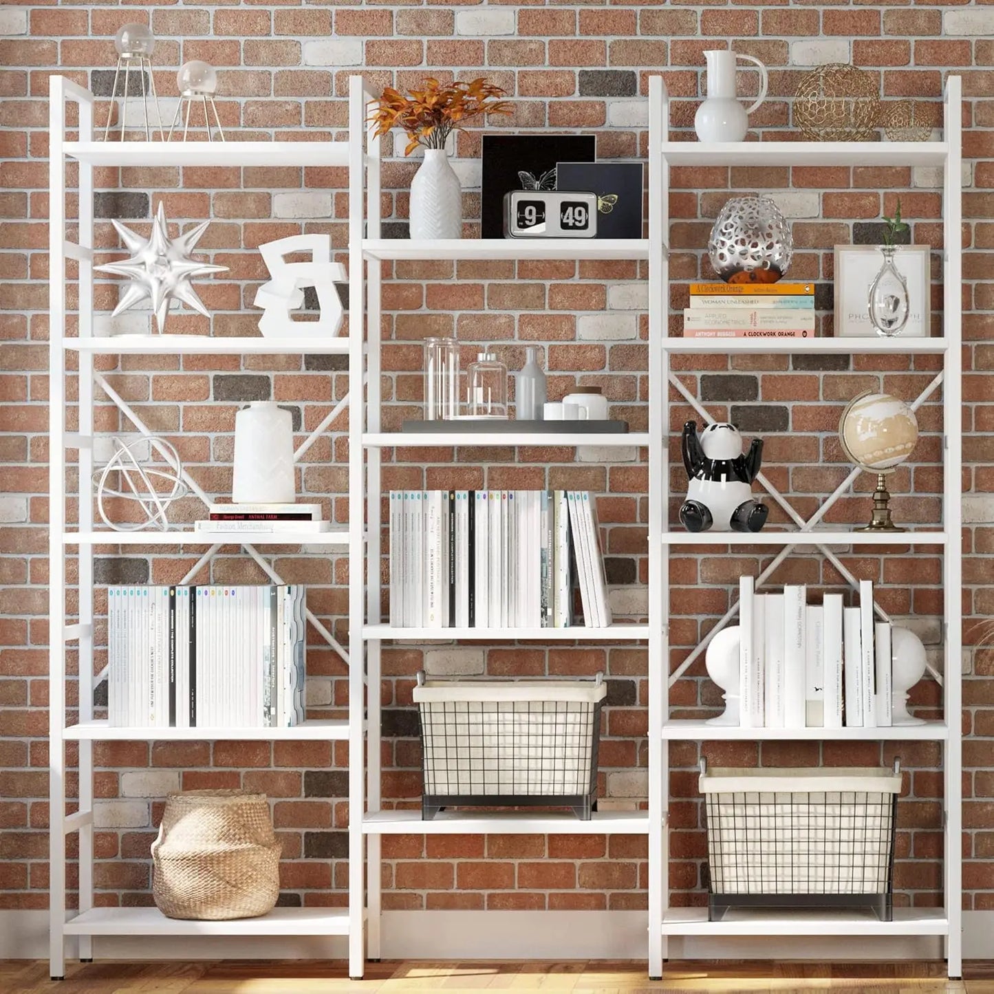Triple Wide 5-Tier Industrial Bookshelf – Large Open Etagere with Metal Frame
