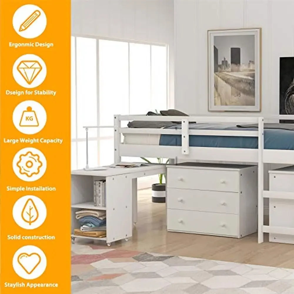 Twin Loft Bed with Rolling Desk & Storage Cabinet – White Bunk Bed with Guardrails