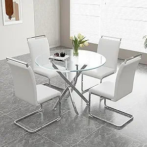 Glass Dining Table Set for 4 – 36" Round Silver Tempered Glass Table with 4 Black Faux Leather Chairs, Modern Kitchen & Home Office
