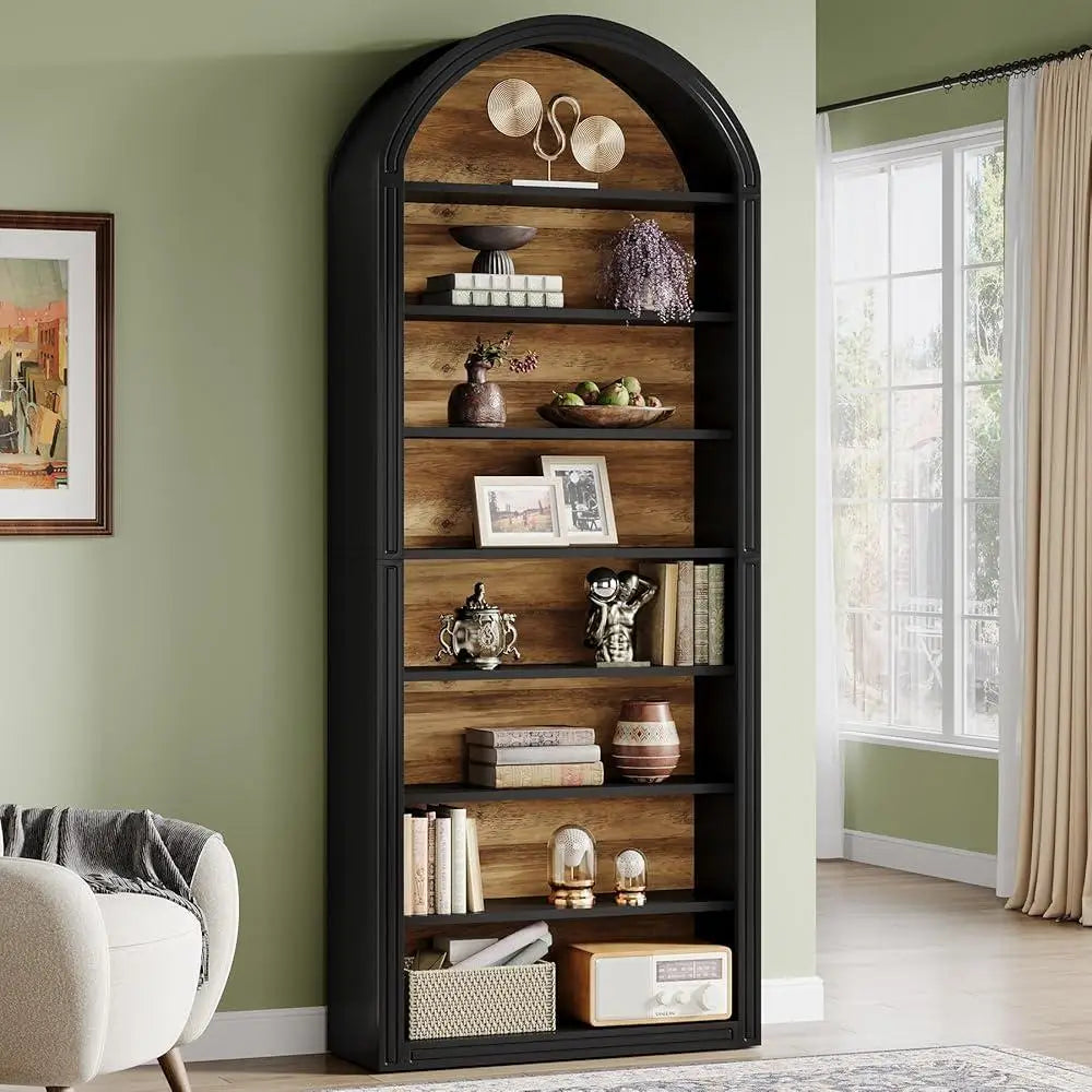 Tall Arched 8-Tier Bookshelf – Modern Wooden Floor-Standing Bookcase with Storage Shelves
