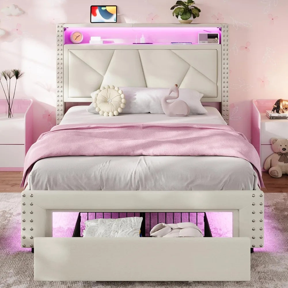 White Twin Upholstered Platform Bed Frame with LED Storage Headboard