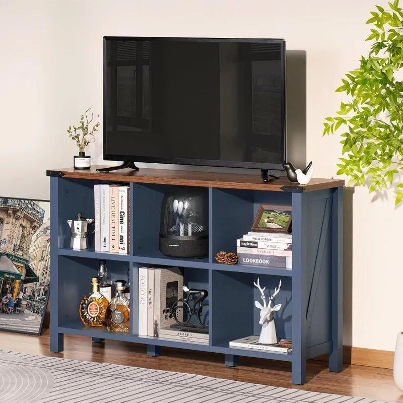 6-Cube Farmhouse Wood Bookcase – Low Storage Organizer, 47" Horizontal Console Bookshelf with Legs, Navy Blue